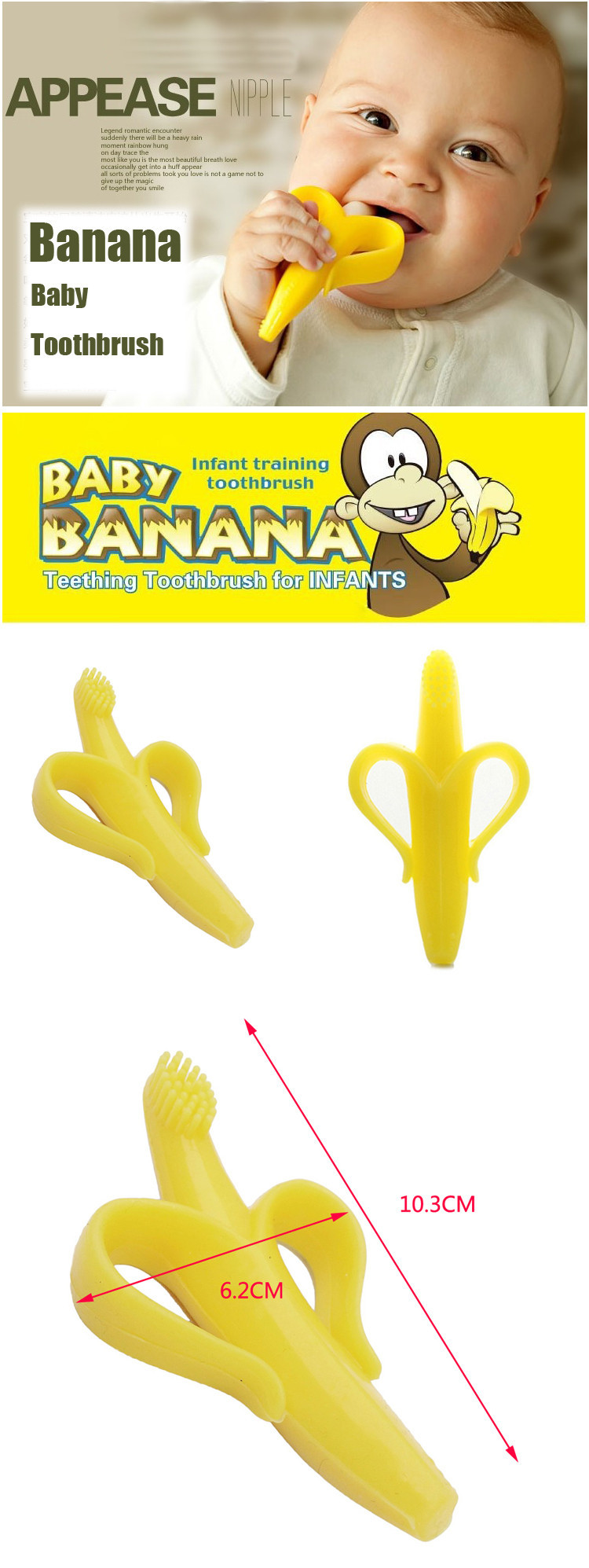 2015 High Quality Safe Kids Baby Silicone Toothbrush Ring Banana Teether Teething Patented Product Wholesale Silicone Toothbrush XA