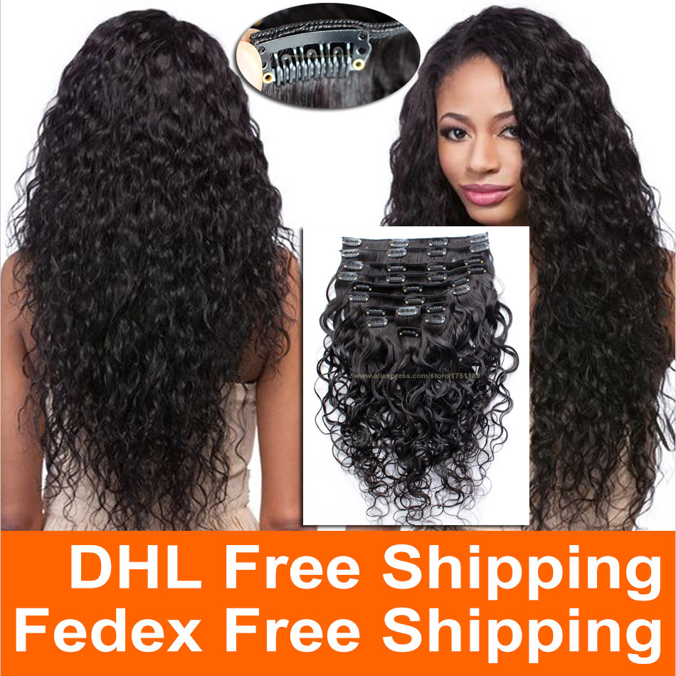 Image of 7A Grade 100% Brazilian Virgin Remy Clips In Human Hair Extensions 120g Full Head Natural Black Wet and Wavy Water Wave Clips in