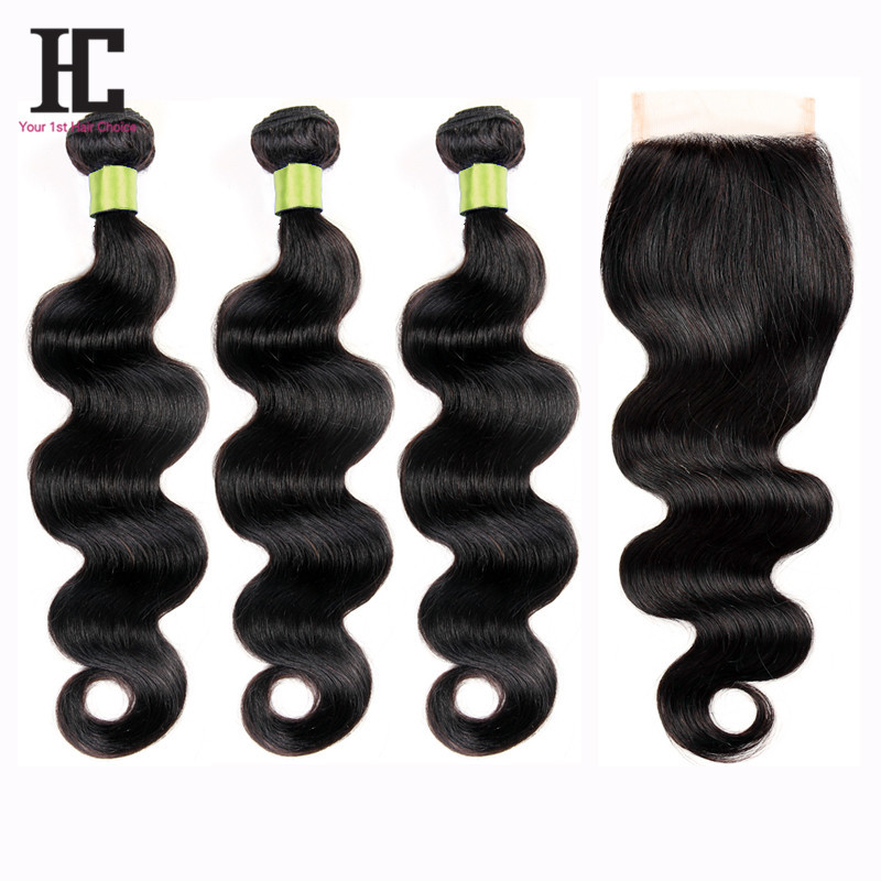Image of Brazilian Virgin Hair With Closure 7A Grade 3 Bundles With Closure Human Hair Weave Brazilian Body Wave With Lace Closure HC