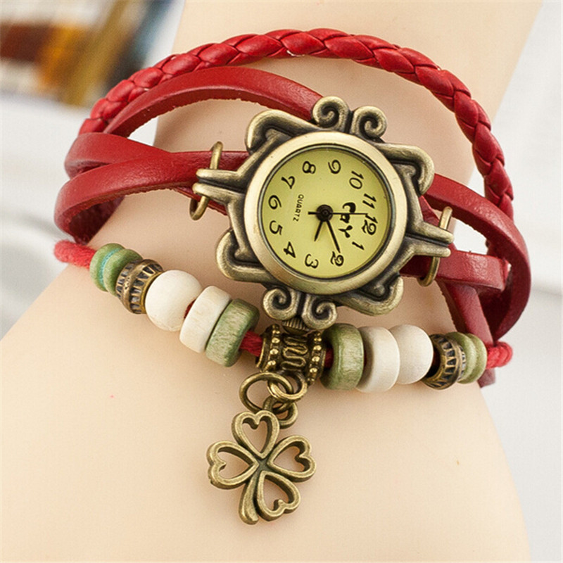 Image of 2016 Hot Sale Clover Leather Quartz Wrist Women Watch Retro Wristwatches Bracelet Decoration Lucky Gift Free Shipping AN714