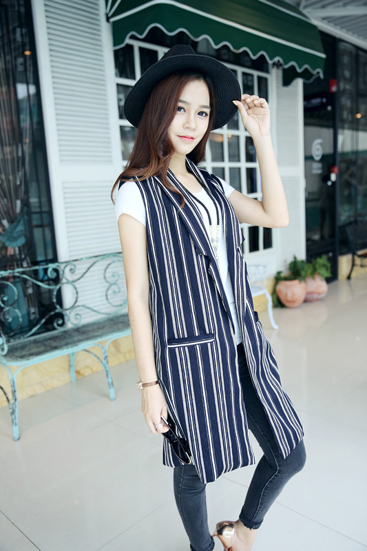 2015 new fashion style long slim striped suit collar Vest Jacket casual Plaid female 8188#