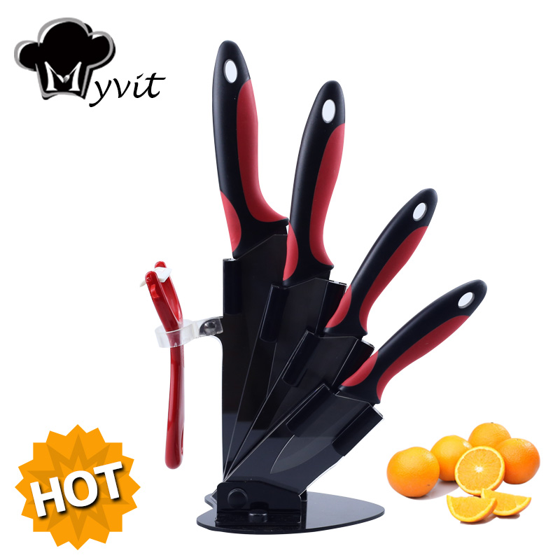 Image of Myvit brand Home Kitchen Knives 3" 4" 5" 6" + Peeler + Knife Holder Ceramic Knife Set Black Blade Top Quality Kitchen Knives Set