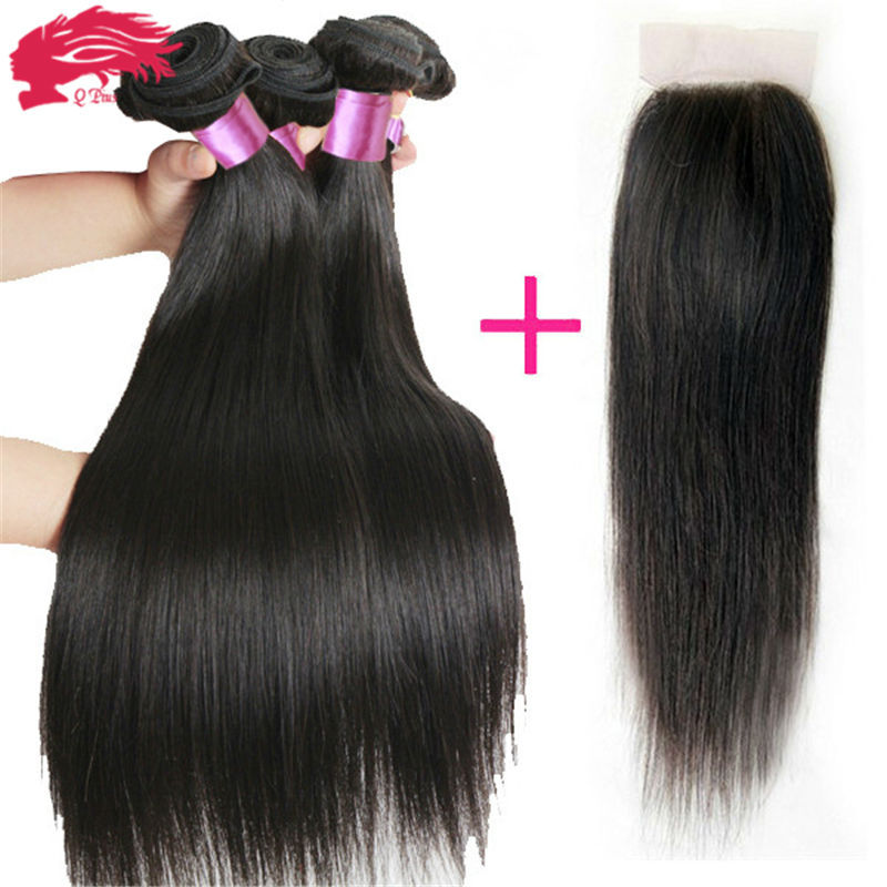 Image of Peruvian Virgin Hair with Closure 3 Bundles with Closure Human Hair with Closure 7A Peruvian Virgin Hair Straight with Closure