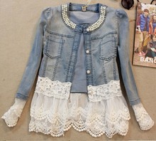 New brand women coat beads show lace jeans jackets female fashion denim jacket abrigos mujer woman clothes J18