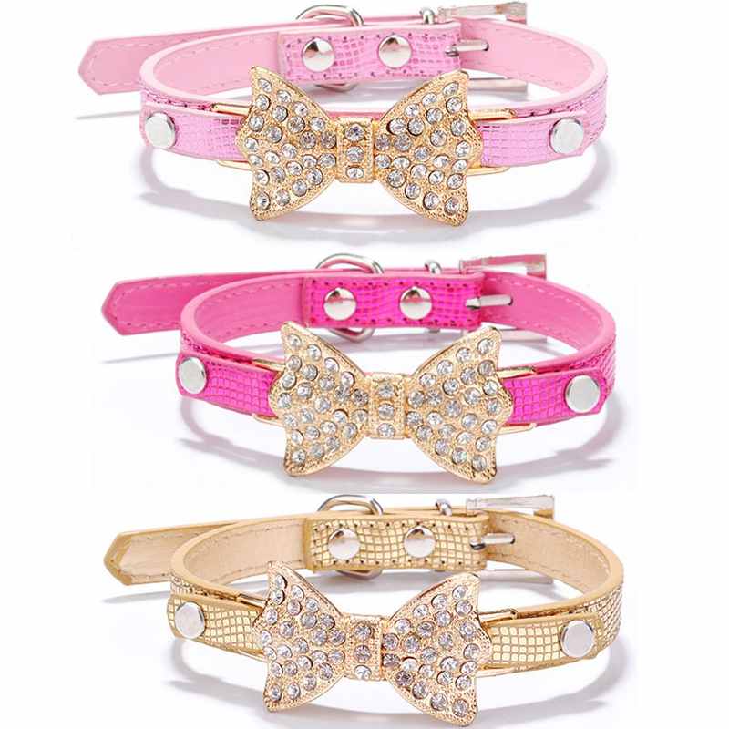 Image of Lovely PU Leather Pet Dog Cat Puppy Collar Crystal Rhinestone Bowknot Necklace