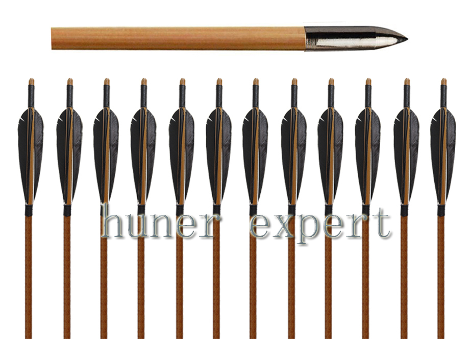 hunting 33'' bamboo arrow fletched black arrow feather 5'' with 100 grain arrow broadhead 12pcs for recurve bow