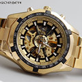 Hot Sale Luxury Golden Luminous Automatic Mechanical Skeleton Dial Stainless Steel Band Wrist Watch Men Women