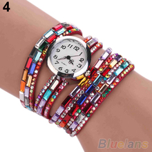 Woman Exotic Multi Layers Colorful Beads Crystals Quartz Bracelet Wrist Watch 28E7