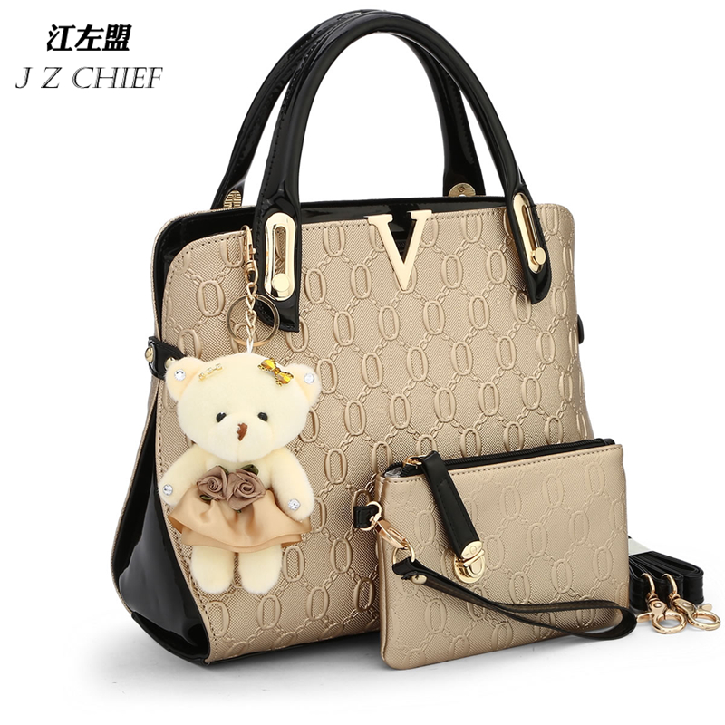 Image of 2015 new casual Embossed handbag designer handbags high quality women messenger bags lady shoulder bag 2 bags/set with bear toy