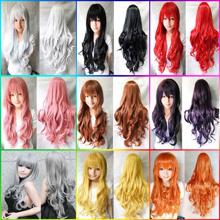 Image of 80cm long wavy black white pink 12colors anime cosplay party wigs, cheap quality lolita girl synthetic hair costume peruca wig