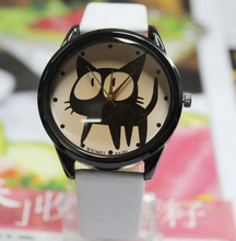 2015 nueva moda Casual lindo gatito de la historieta de la PU cuero relojes relojes de cuarzo relojes de pulsera horas para los niños embroma estudiantes blanco