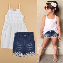 2-6T summer 2015 kids fashion girls clothing sets suspender blouse+lace denim shorts Kids Clothes 2pcs Suits conjuntos infantis
