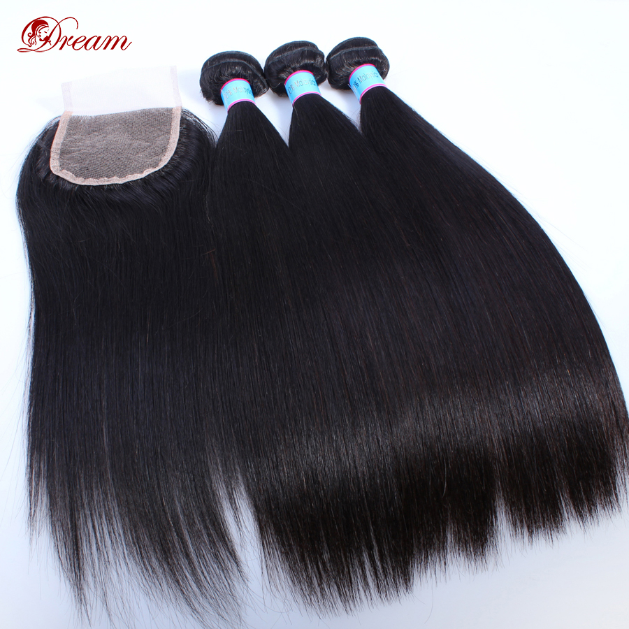 Image of 7A Brazilian Virgin Hair Hair 3 Bundles with Lace Closure,Unprocessed Human Virgin Hair Extension Brazilian Straight Hair Weaves