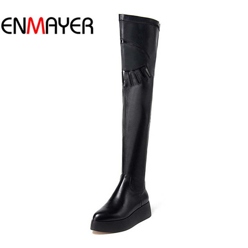 Фотография ENMAYER Fashion Pointed Toe Med Winter Long Boots Shoes New Knee-High quality Warm Full Grain Leather Platform Thin Girl Snow