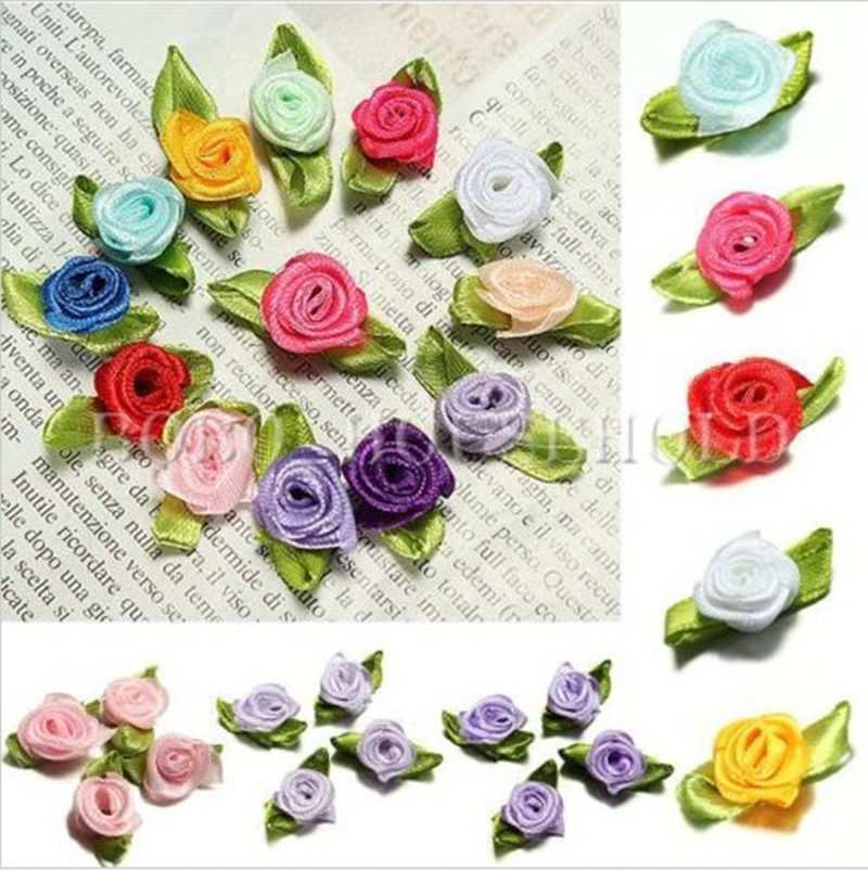 Image of 100Pcs Ribbon Rose DIY Wedding Flower Satin Decor Bow Appliques Craft Sewing Leaves lace fabric for cloth GM198-GM202