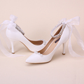Fashion lace rhinestone wedding shoes aesthetic 7cm heel pointed toe ankle strap bridal shoes party performance