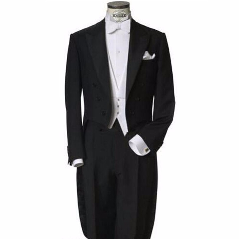 02 Measure Tailored men\'s tuxedo tails classic black tailcoats for men left pocket wedding tuxedos ( Jacket+Pants+Tie +Vest)MT536