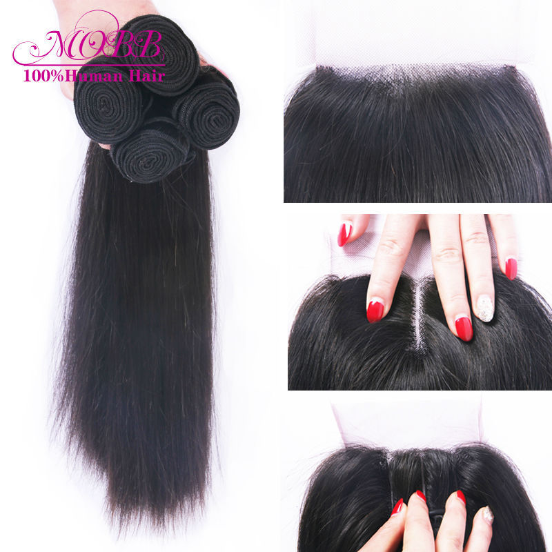 Image of Brazilian Virgin Hair With Closure 4 pcs Human Hair Bundles With Lace Closures Unprocessed Brazilian Straight Hair With Closure