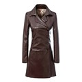 2016 New Fashion Women Brown Faux Leather Fur Long Jacket Coat Double Breasted Turn down Collar