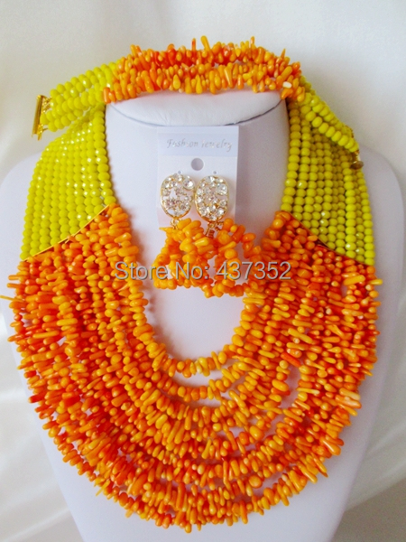 Handmade Lemon Yellow and Orange Party Nigerian Wedding African Coral  Beads Jewelry Set Free Shipping CPS3703