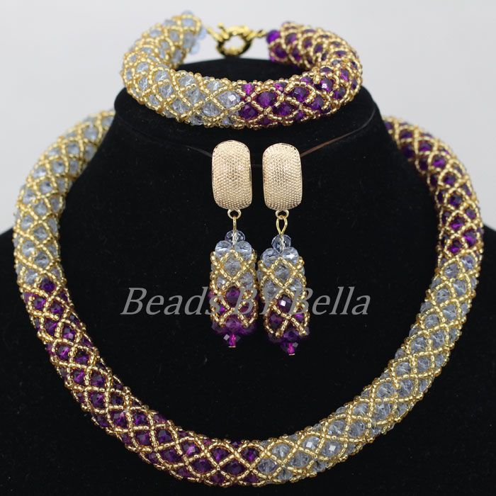 Gold Seed Beads Crystal Braid Nigerian Wedding Necklace Purple Bridal Jewelry Sets African Beads Jewelry Free Shipping ABF861