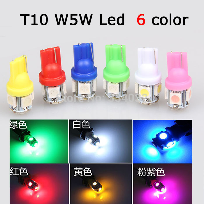 Image of 10x led t10 w5w led 5050 5SMD 12v auto Light bulbs 192 168 parking White/Red/Green/Blue/yellow/pink led car styling Wedge Lamp