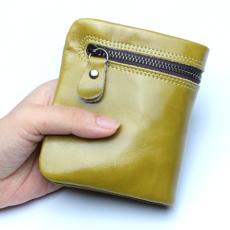 Outside zipper pocket women wallets genuine leather wallet women&#39;s coin purse oil wax cowhide ...