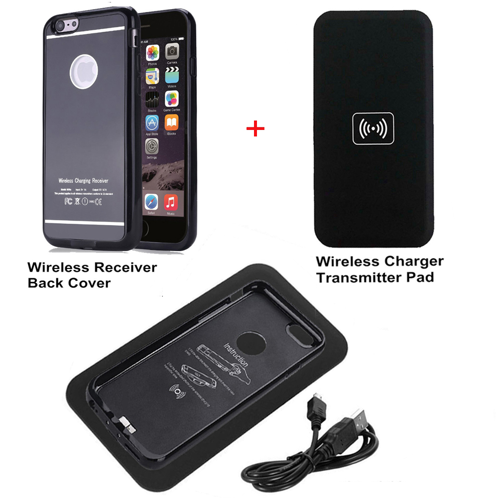 Black Qi Wireless Charger Transmitter Pad Mat +Wireless Charging Back Receiver Case Cover Power Charger Kit for iPhone 6/6s