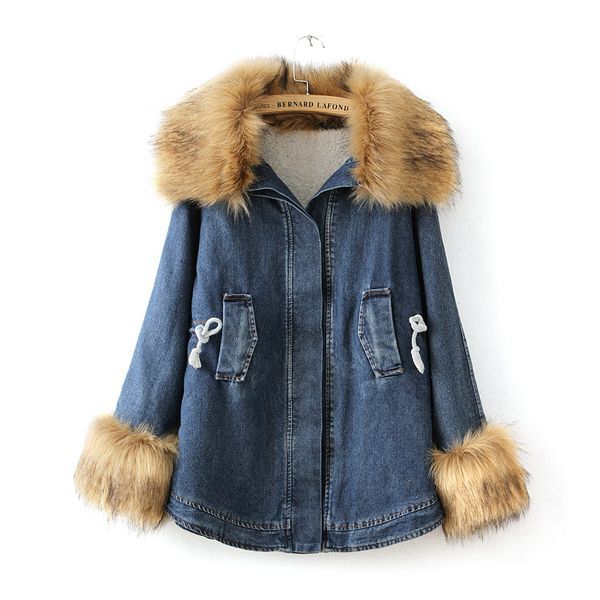 2014 New Arrival Winter Women s Denim Patchwork Wadded Jacket Outerwear Faux Fur Collar Thickening Coats