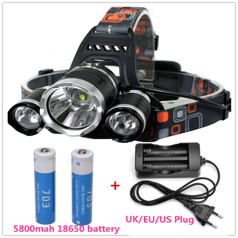 New 6000Lm 3 x XM-L T6+2R5 LED Headlamp Head Light flashlights Torch 4-mode +2x18650 Battery+US/EU Wired Charger