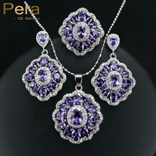 2016 Elegant Design Massive Sq. Austria Crystal Amethyst Purple three Piece 925 Sterling Silver CZ Jewelry Models For Ladies Reward J164