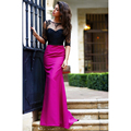 Elegant Mermaid Evening Dresses with Sleeves Black Lace and Fuchsia Satin Formal Dress Long Open Back