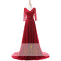 Real Photos Luxury Sequins Beading Crystal Beaded Evening Dress with Sash V neck A line Half