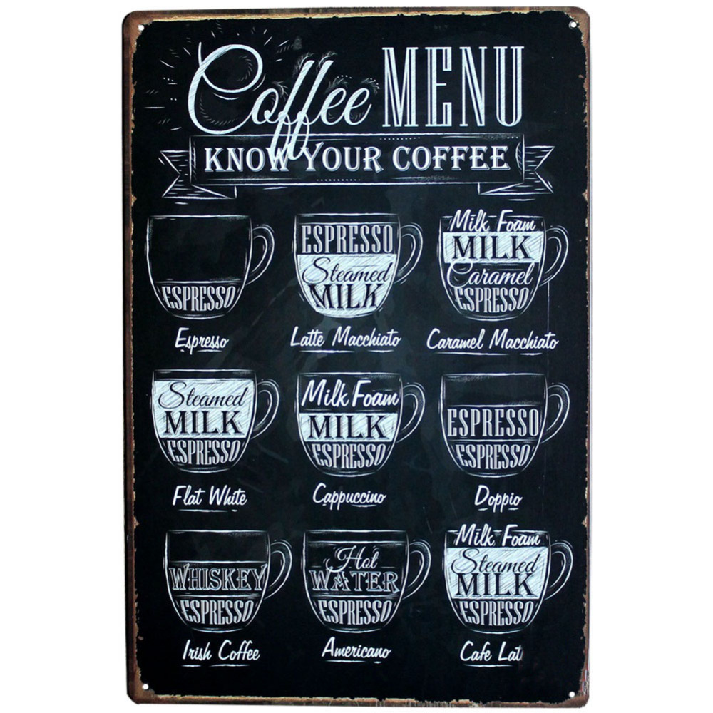 Image of COFFEE MENU KNOW YOUR COFFEE 20*30CM Metal Tin Sign Coffee Pub Club Gallery Poster tips Vintage Plaque Wall Cafe Decor Plate