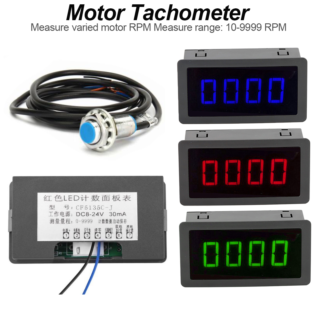 Proximity Sensor SwitDigital Tachometer Red/Blue/Green RPM Speed Meter with Proximity Switch