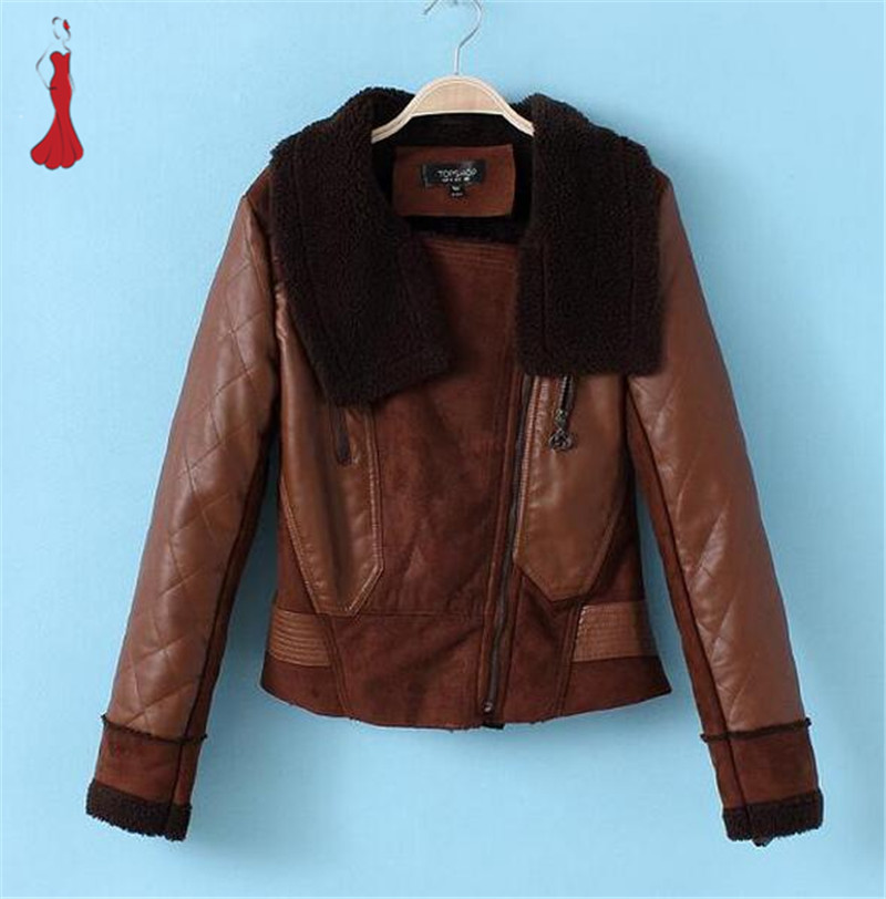 Winter 2015 European and American Brand women Leather Jacket  Lambs Wool Collar short suede leather Thick Zipper Coats Slim