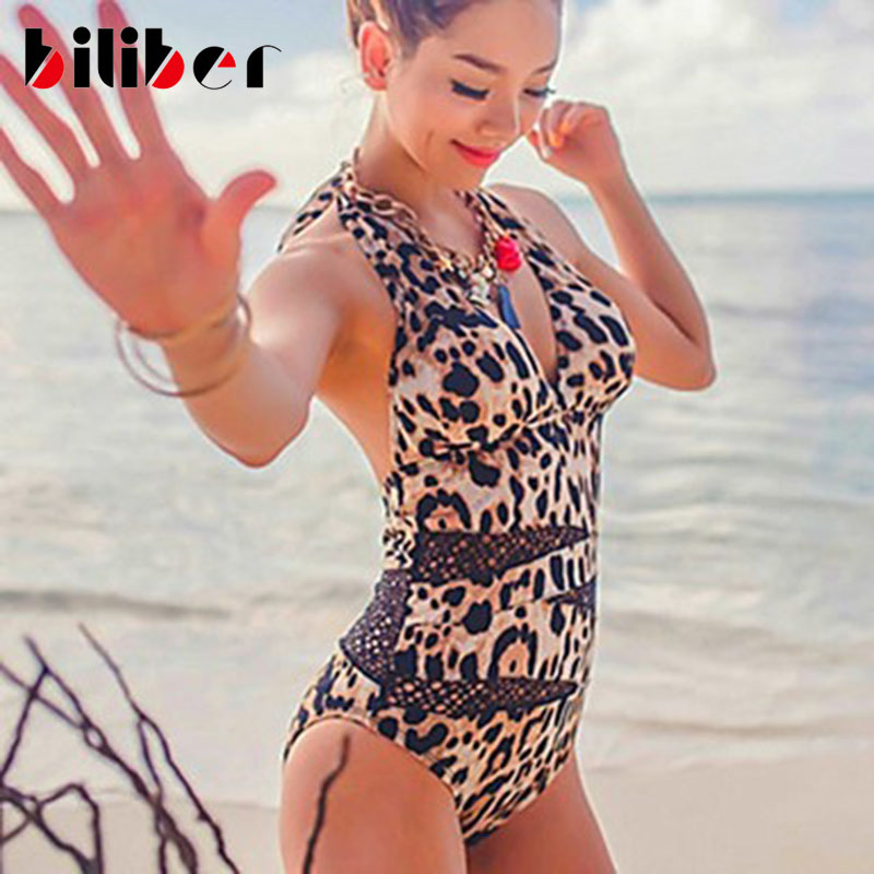 Image of 2016 Sexy Leopard One piece Swimsuit Halter Backless Deep V Padded one piece monokini swimsuit For Women Mesh swimwear Mayokini