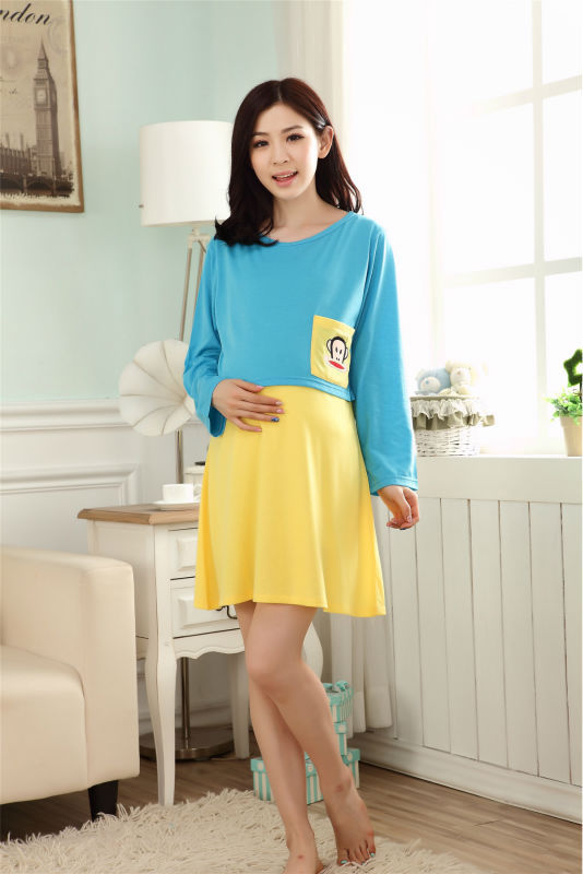 Contrast color 2 piece long sleeve nursing nightgown for pregnant breastfeeding maternity wear clothes nightwear pregnant women14