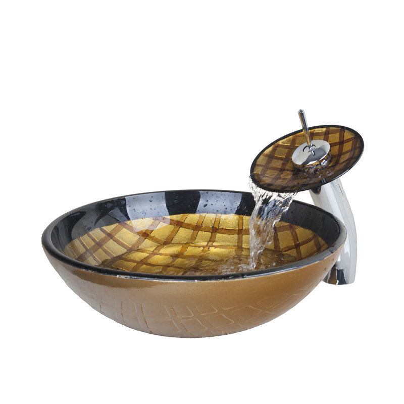 Luxury Gold Check Hand Painted Round Tempered Glass Vessel Sink With ...