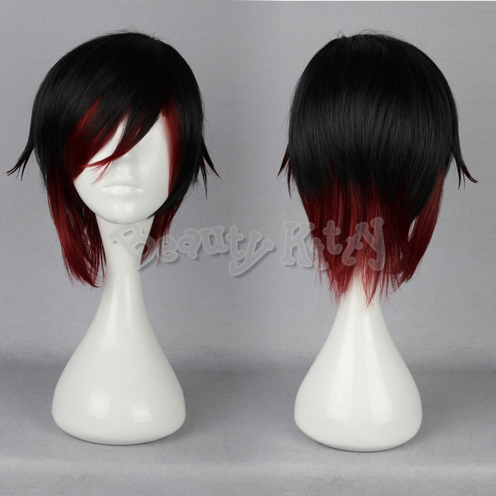 Image of 35cm 14inch Harajuku Short Straight RWBY Ruby Rose Red Gradual Change Anime Cosplay Wig Heat Resistant Synthetic Hair Bang Cap