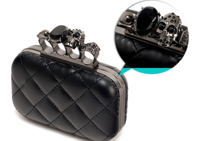 Image of 2015 vintage Skull purse,Black Skull Knuckle Rings Handbag Clutch Evening Bag With shoulder Chain Perfect free shopping EB085