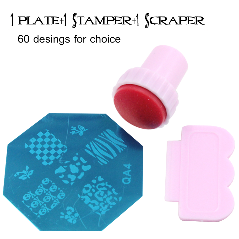 60Designs Nail At Template Set  1pcs Konad Stamping Image Plates and Stamper Scraper Nail Polish Stamp Manicure Nail Tools