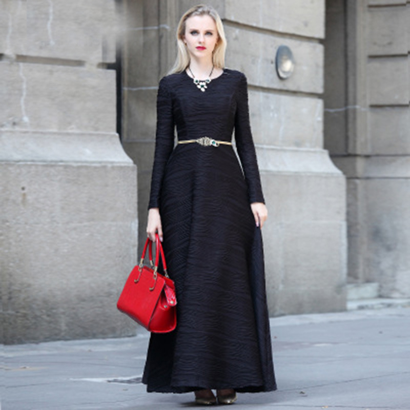 Desigual Brief Dress New 2016 Spring Autumn Fashion Full Sleeve Belt Elegant Women Black Maxi Long Dress