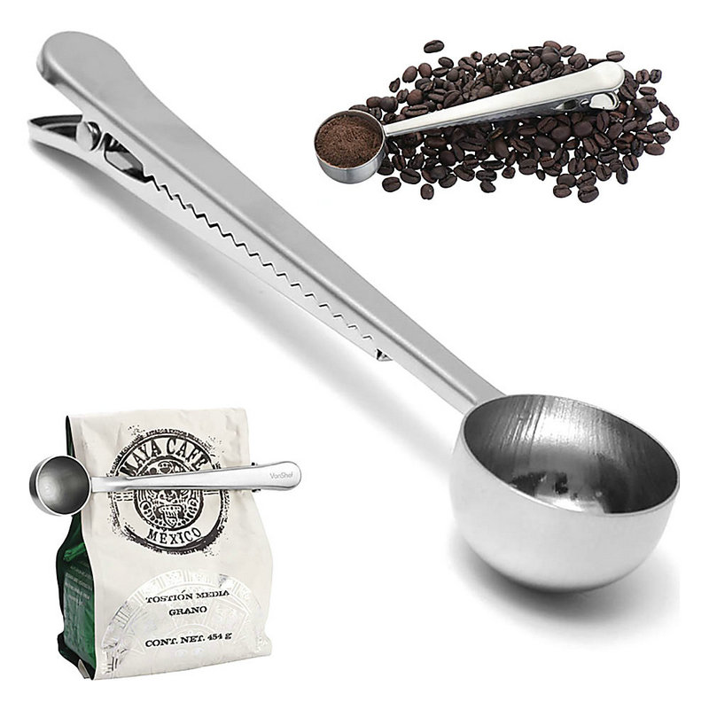 New Stainless Steel 1 Cup Tea Ground Coffee Measuring Spoon Scoop With Bag Clip