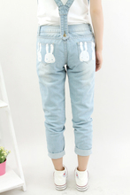 2015 New fashion Women Blue Striped Denim Distresses straps Detachable long Overalls Washed hole student Jeans casual Jumpsuit