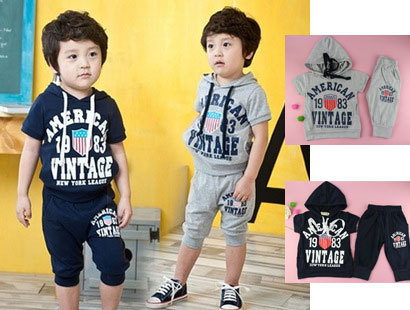 2013 New Childrens Suit, American 1983 Short sleeve Hoodies+Pant 2 piece Sport suits Set  Girls Boys blue clothes,free shipping