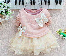 Baby Girls Long Sleeve Knitted With Bow Infants Newborn Pink Tutu Princess Dress Best Gift For Kids