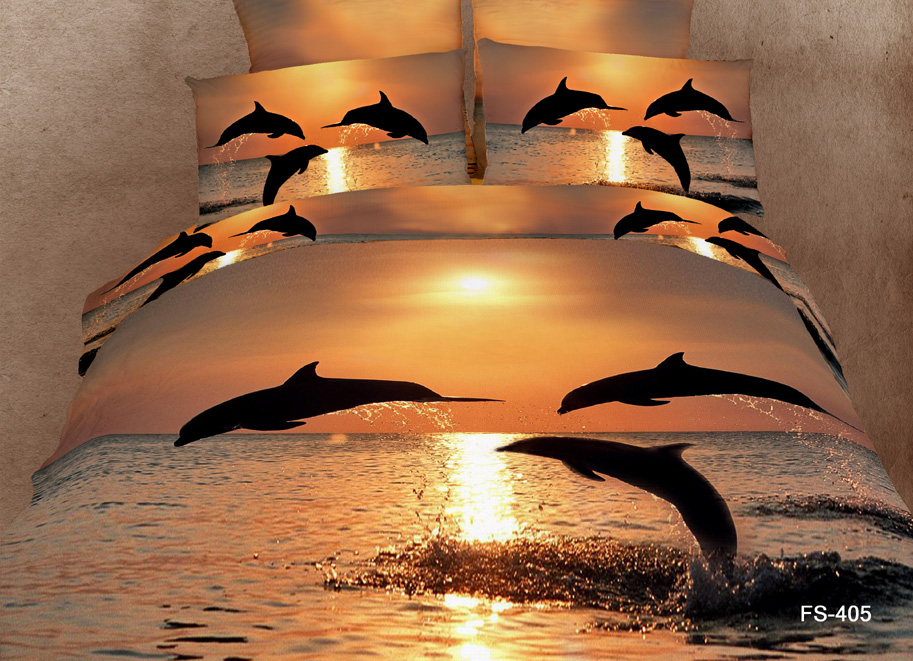 Buy 3D Gold Sunset dolphin bedding sets super king queen size fitted cotton bed