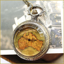 2015 Hot Sale Vintage Antique Style Quartz Pocket Watch Flower Back Map Shape Pocket Watch Saat