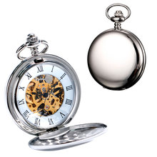 2016 New Arrival Silver Smooth Double Full Hunter Case Steampunk Skeleton Dial Mechanical Pocket Watch With Chain Gift
